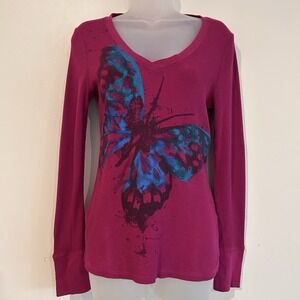 Vtg Y2K OP Ocean Pacific Shirt L Thermal Fitted Butterfly Graphic Grunge V Neck